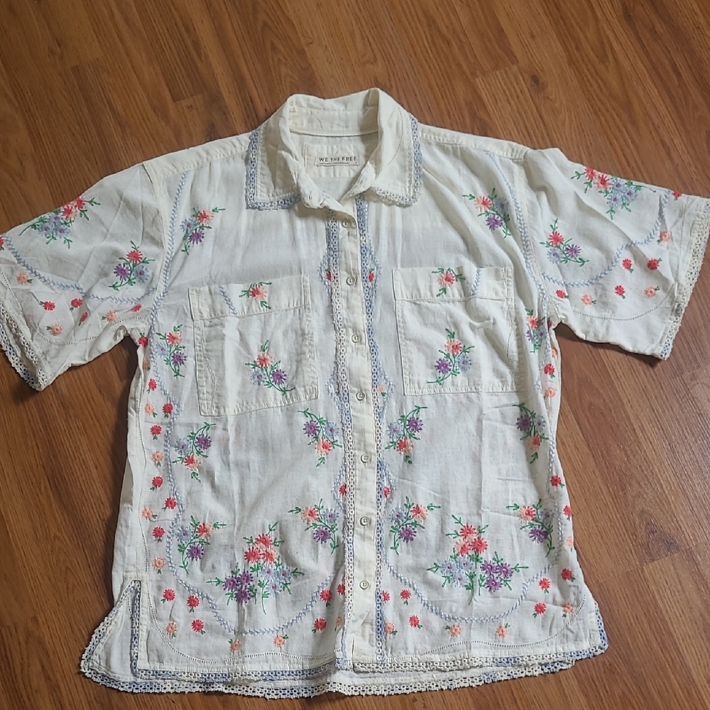 Free People We The Free Cream Floral Embroidered Shirt